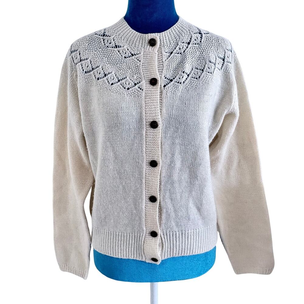 Vintage 80's Eagle's Eye Nordic Fair Isle Wool Crochet Knit Cardigan Sweater